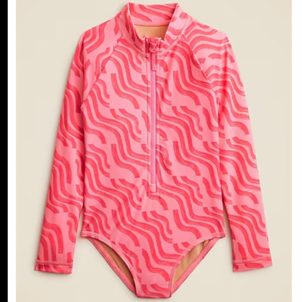 New with tags J.Crew girls swim suit rashguard one piece pink waves